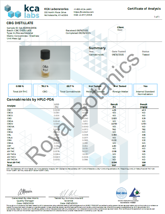 Bulk (78–82%) CBG Distillate (100G,500G,1KG Pricing)
